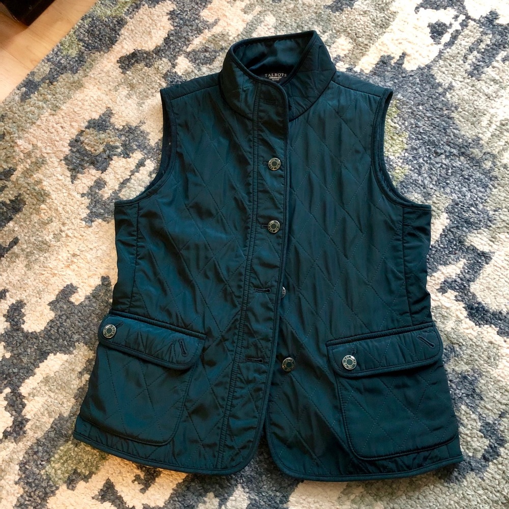 Talbots quilted teal button vest